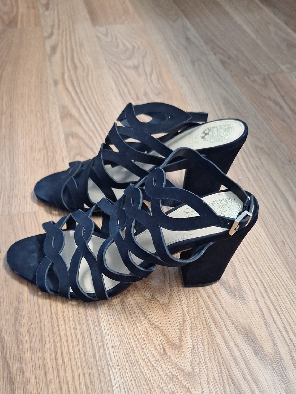 Vince Camuto Leather  Black Cutout Suede Block Heel Sandals
